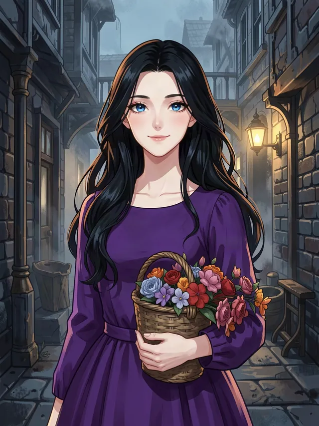 Polly Wickes, flower seller — an AI roleplay character from the Bellsworth world of Mythx