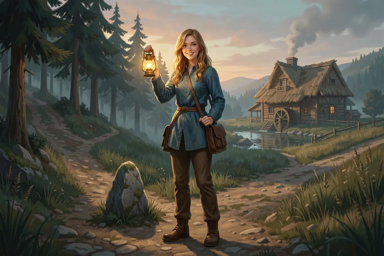 Wren Fenn, the Emberhollow letter-carrier, stands with a lantern where the lane splits, one path climbing into a misty forest and the other running down to the mill