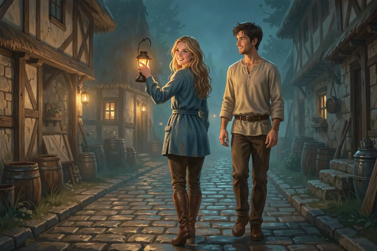 AI-generated roleplay scene: a villager leads the hero down a misty lane by lantern light in Mythx