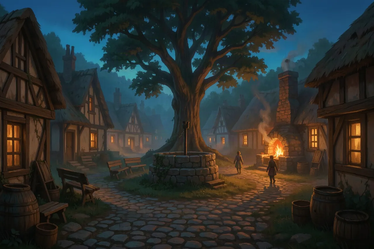 The same village green at dusk, windows lighting one by one