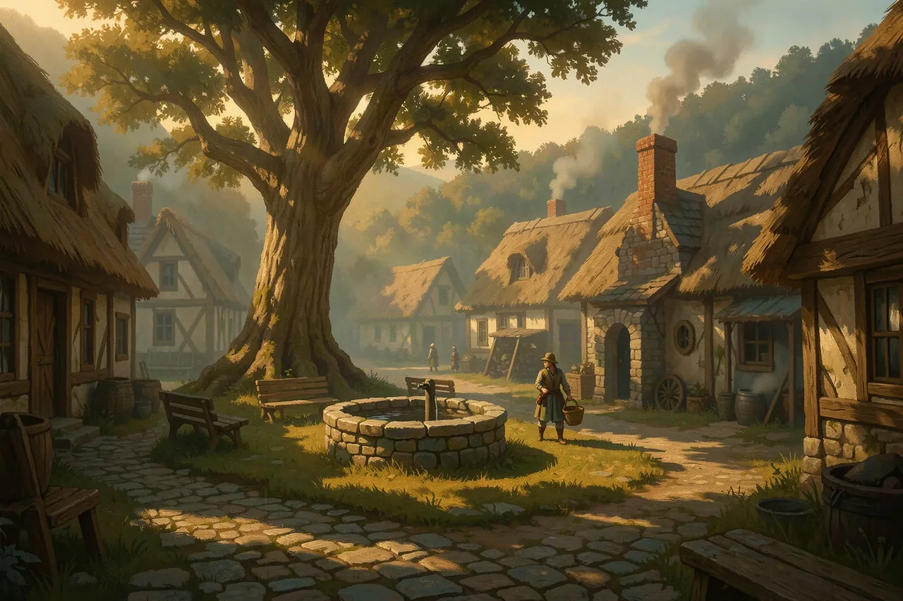 The Emberhollow village green at golden morning in the Mythx AI roleplay game