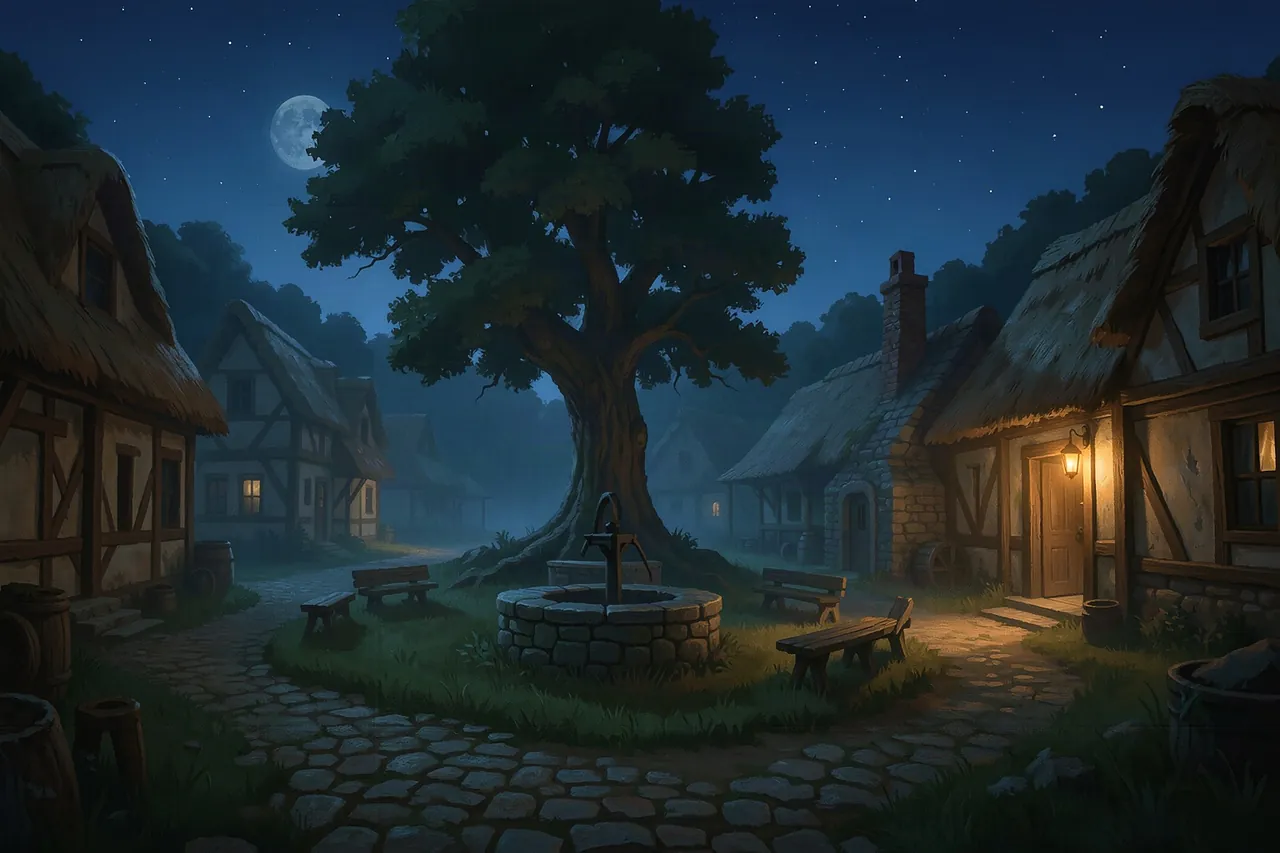 The same village green at night, empty under the stars