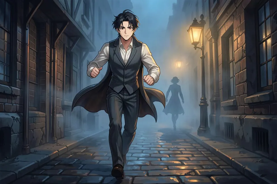 Chase the pickpocket through the fog. — an AI adventure game scene from the Bellsworth world of Mythx