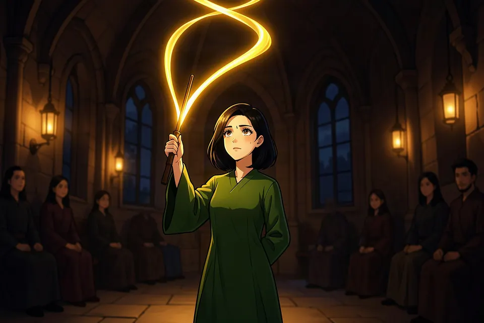 Your first spell, in front of everyone. — an AI adventure game scene from the Briarwick world of Mythx