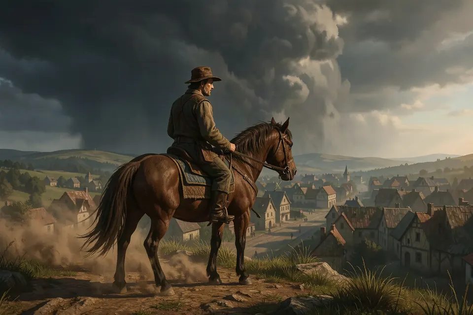 The stagecoach is late. The storm isn't. — an AI adventure game scene from the Cottonwood world of Mythx