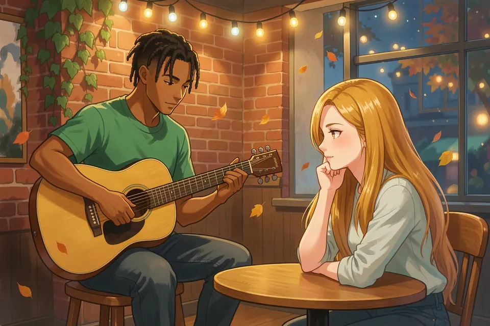 Open-mic night. You promised her a song. — an AI adventure game scene from the Hartwell world of Mythx