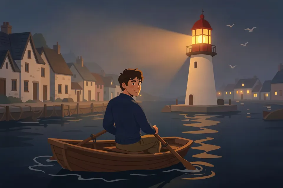Row out to the light that shouldn't be lit. — an AI adventure game scene from the Saltwick world of Mythx