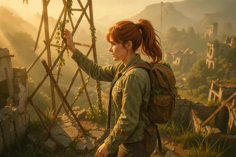 Climb the old tower. See what's left. — an AI adventure game scene from the Solace world of Mythx