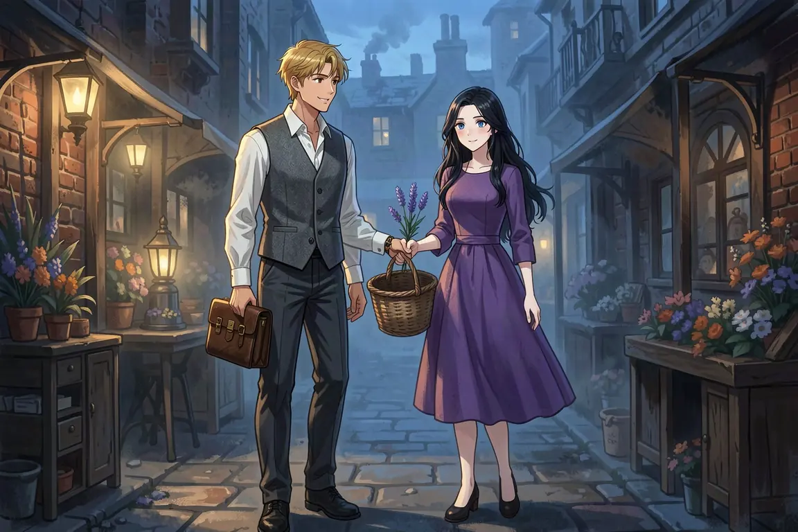 A newcomer with a leather case stands in a gaslit Victorian market yard as Polly Wickes, the flower seller, offers a sprig of lavender