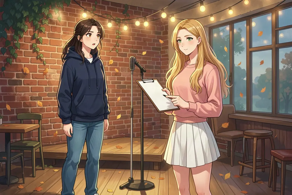 A startled transfer student stands by the open-mic stage of a Hartwell coffee house while Sloane Whitaker taps a clipboard