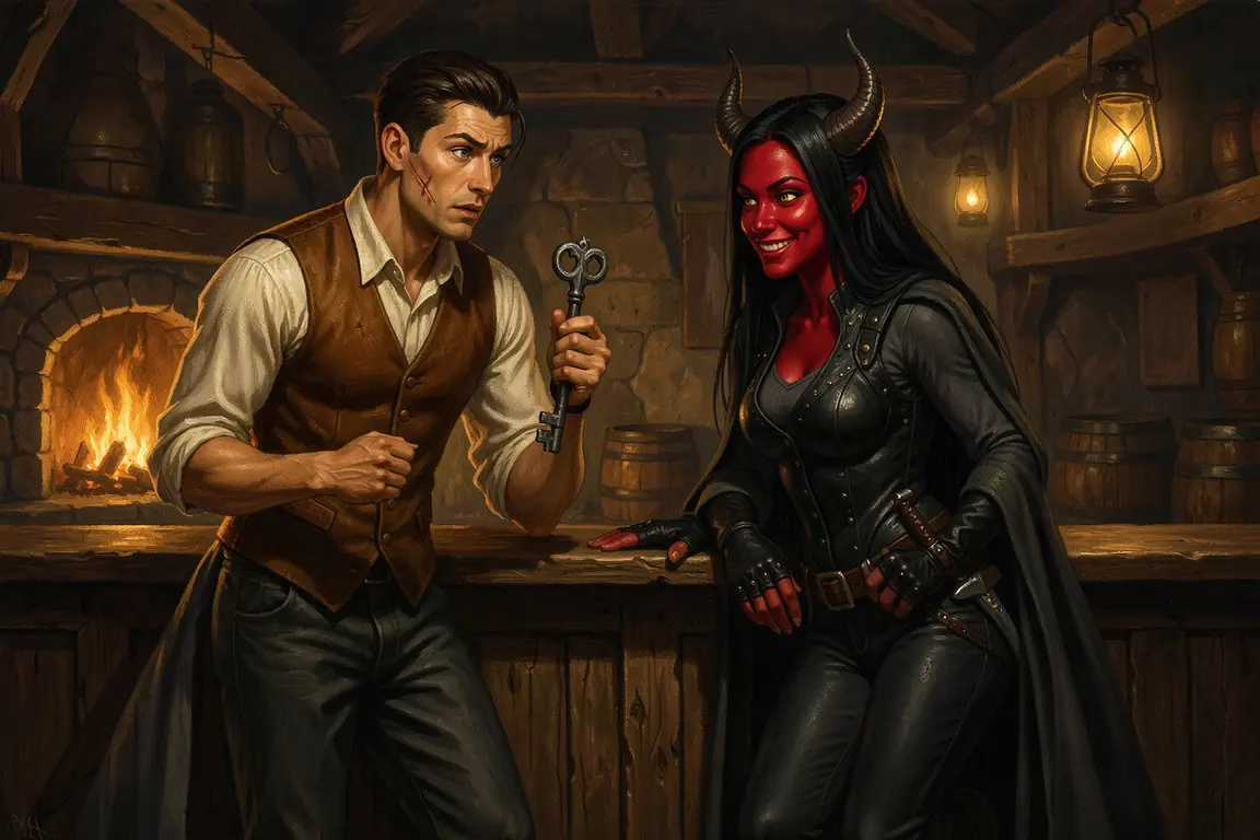 The new owner of the Hollow Lantern tavern holds up an old iron key while Kethra Vayne, a red-skinned tiefling rogue, grins across the bar
