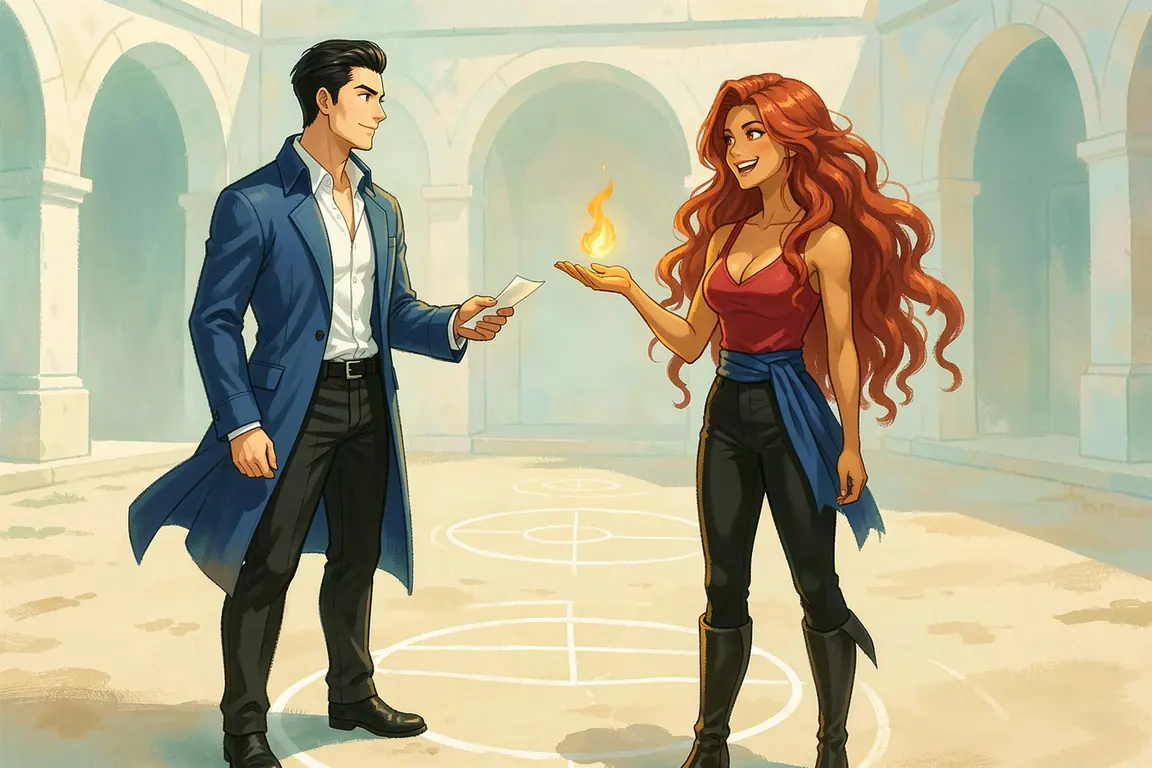 A late-arriving scholarship student in a blue academy coat faces Ines Calder, a fire mage holding a flame above her palm, in the dueling yard of Solenne