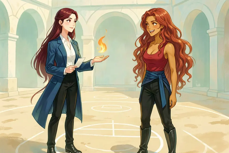 Aria, in a blue academy coat, meets Ines Calder in the dueling yard of the Imperial Academy at Solenne