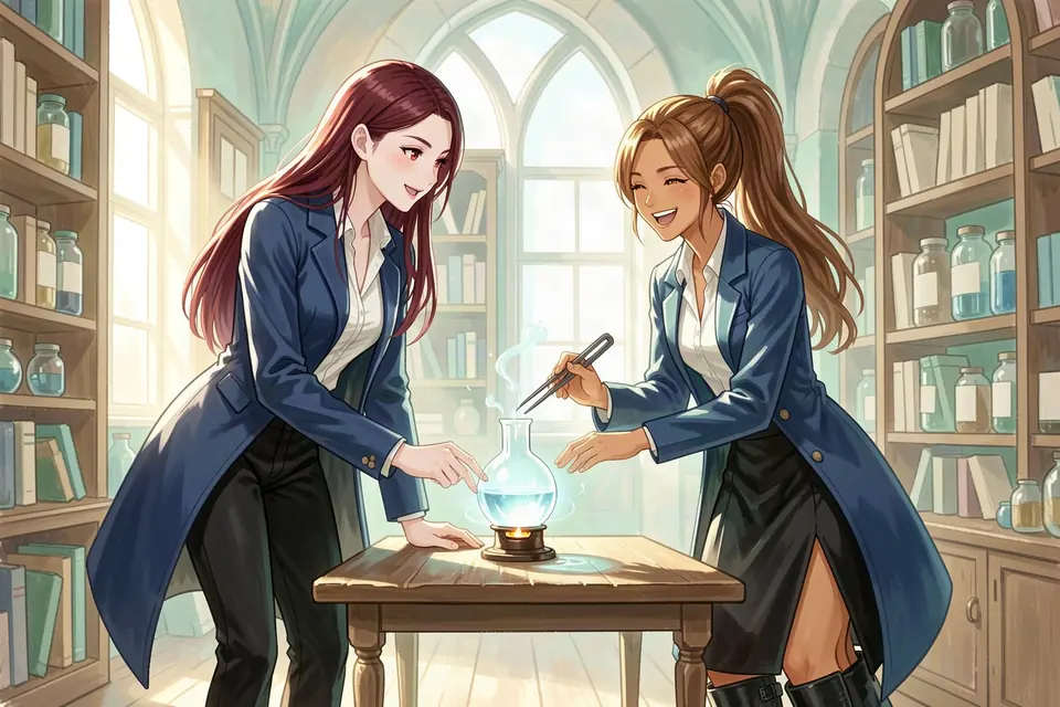 Aria leans over a bubbling blue flask in the academy library while Lira Vance holds it with tongs and laughs