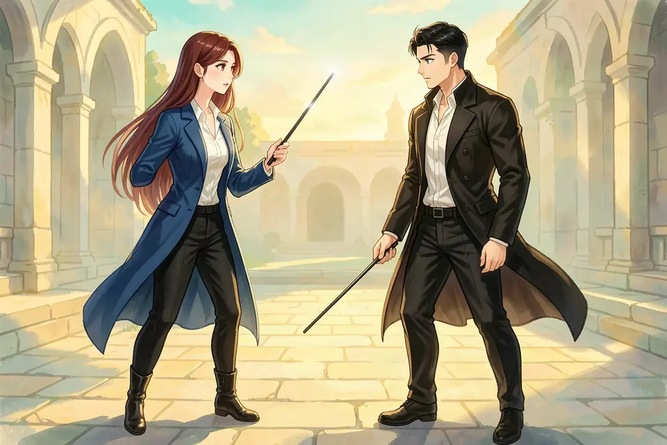 Aria raises a wand tipped with silver light against Kael Ashgrave in a stone dueling ring at dusk