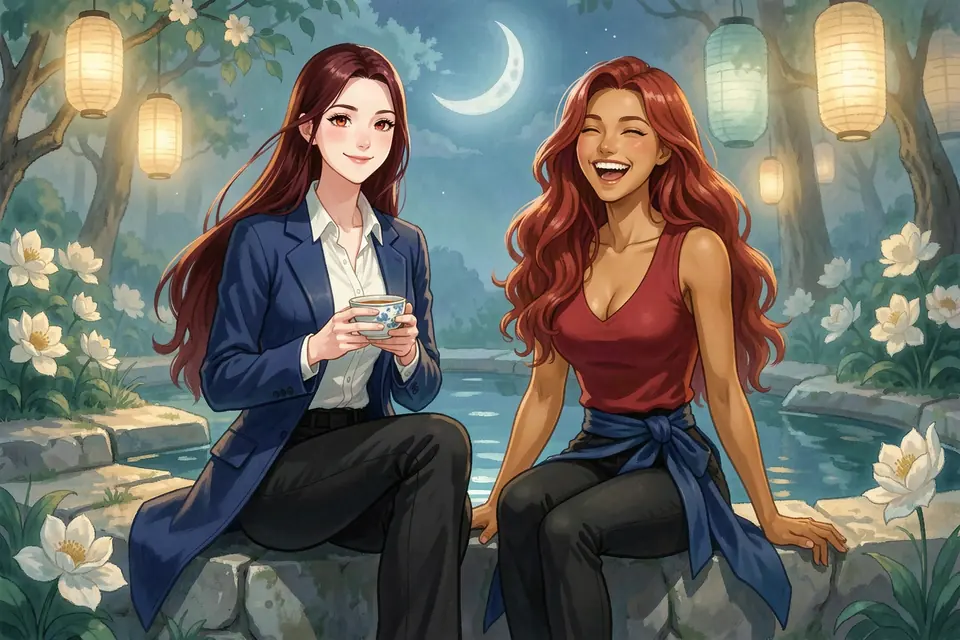 Aria and Ines Calder share tea by a reflecting pool in the academy moon garden at night