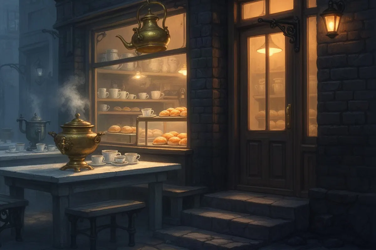 The Brass Kettle in Bellsworth, in Bellsworth's victorian splash art