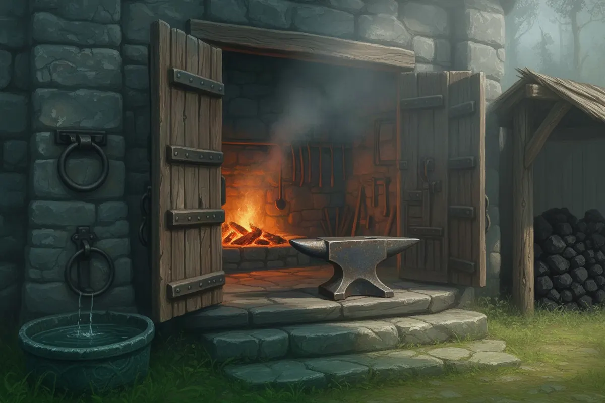 Tallow's Forge in Emberhollow, in Emberhollow's painterly rpg art