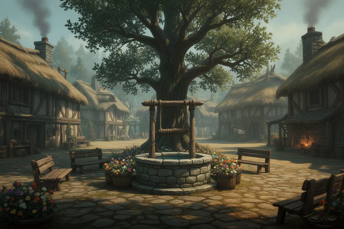 The Village Green in Emberhollow, in Emberhollow's painterly rpg art