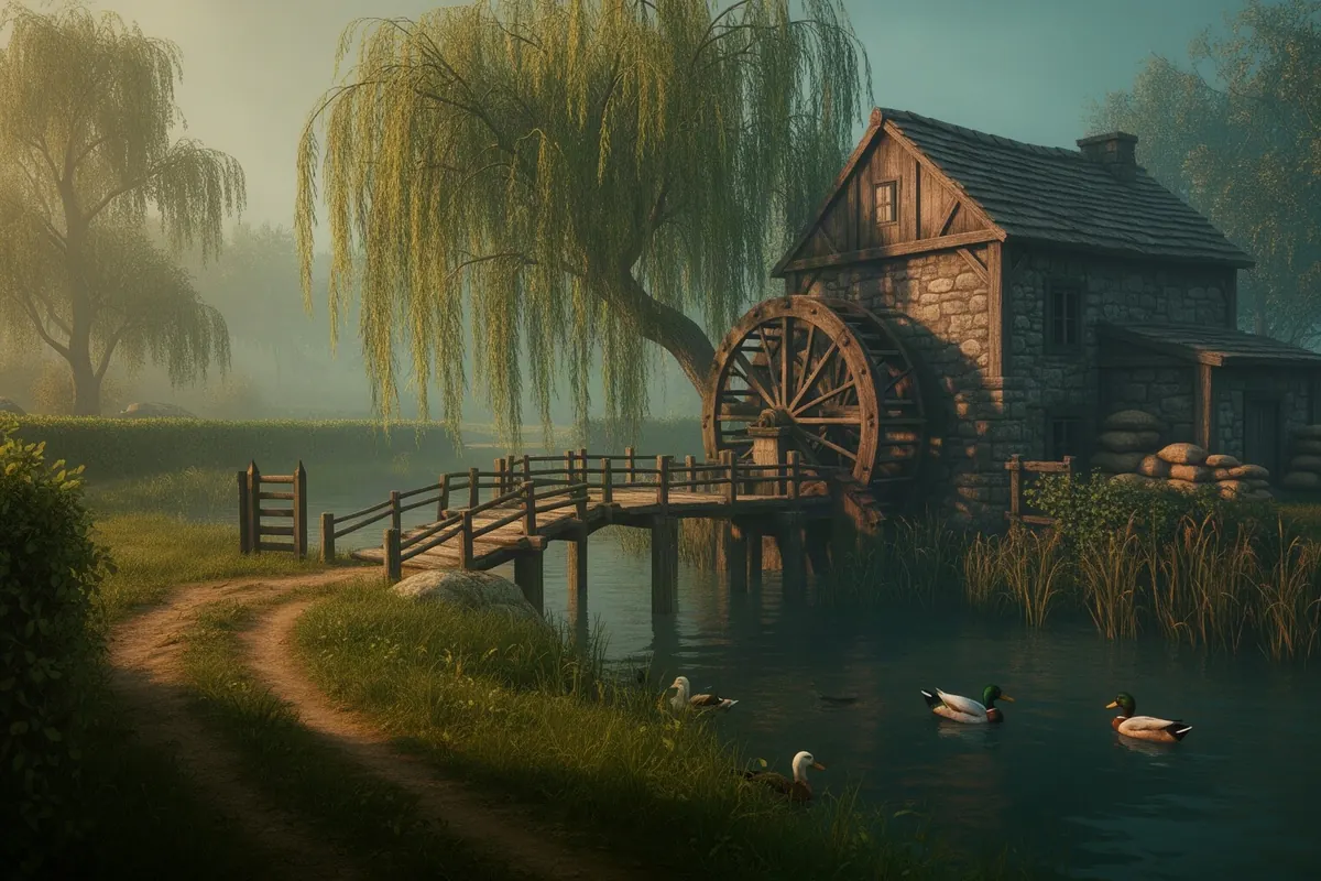 The Mill Pond in Emberhollow, in Emberhollow's painterly rpg art