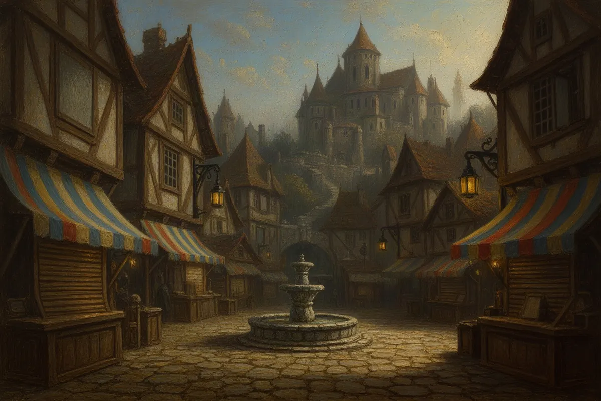 Coppergate Market in The Hollow Lantern, in The Hollow Lantern's painted fantasy-cover art