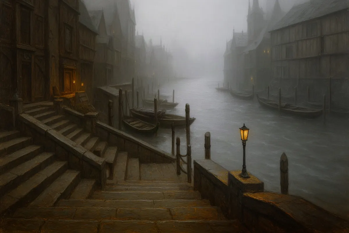 The River Stairs in The Hollow Lantern, in The Hollow Lantern's painted fantasy-cover art